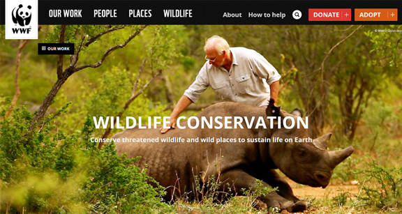 A screenshot of the WWF website showing an image of David Attenborough and a Rhino in the hero panel